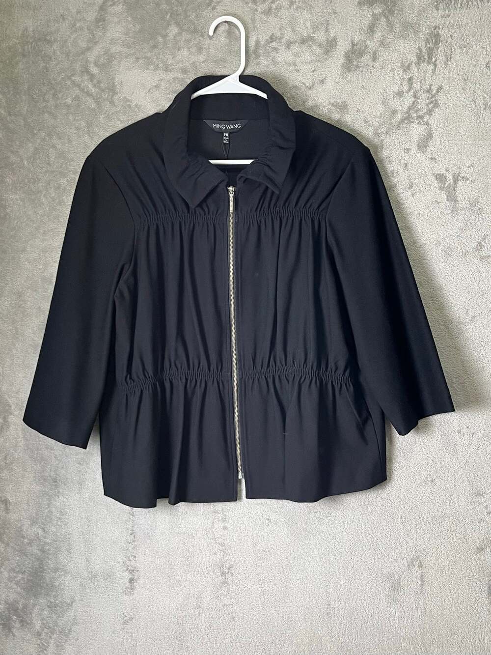 Ming Wang Elastic Detail Full Zip Jacket Black Knit Blazer Womens Petite XL New